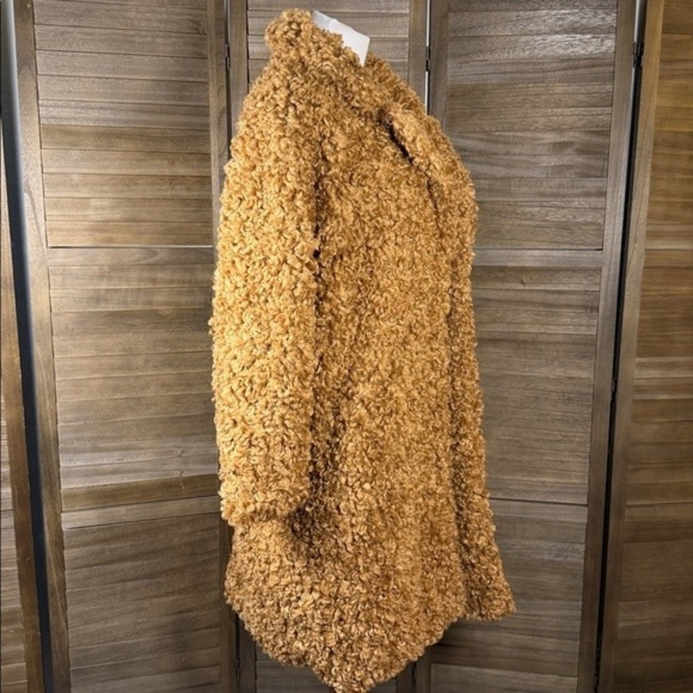 C/MEO COLLECTIVE Womens S Mustard Tan Curly Faux Fur Teddy Coat Notched Lapel - Picture 6 of 9